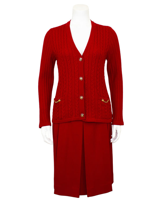 Red Wool Cardigan and Gabardine Skirt Ensemble