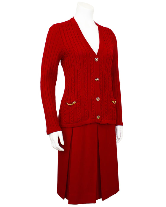 Red Wool Cardigan and Gabardine Skirt Ensemble