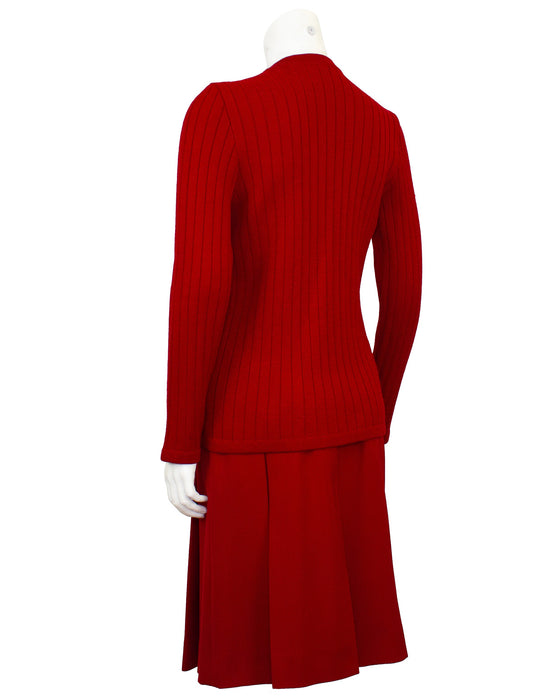 Red Wool Cardigan and Gabardine Skirt Ensemble