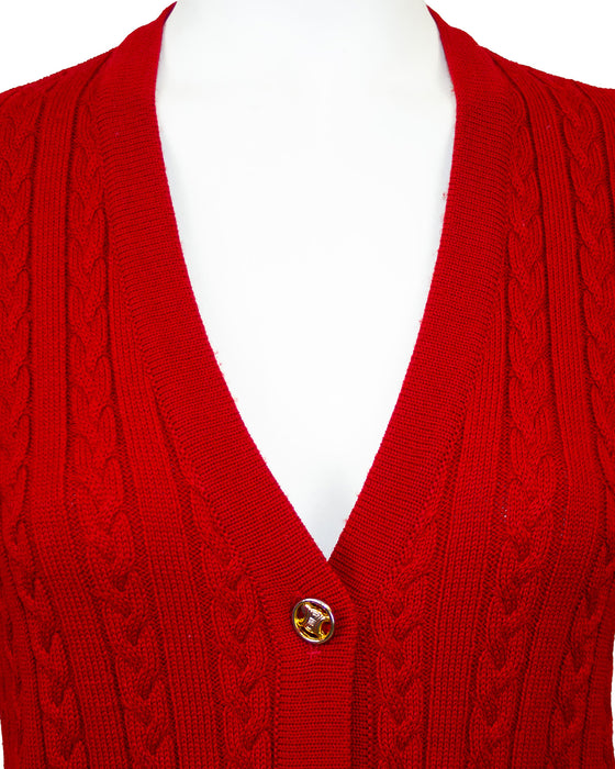 Red Wool Cardigan and Gabardine Skirt Ensemble