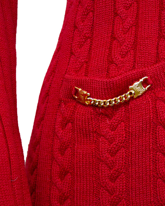 Red Wool Cardigan and Gabardine Skirt Ensemble