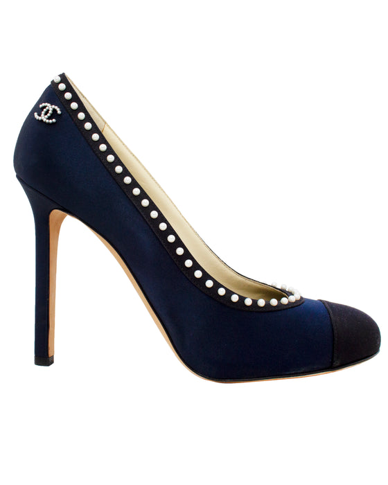 Navy and Black Evening Shoe with Pearls Vintage Couture