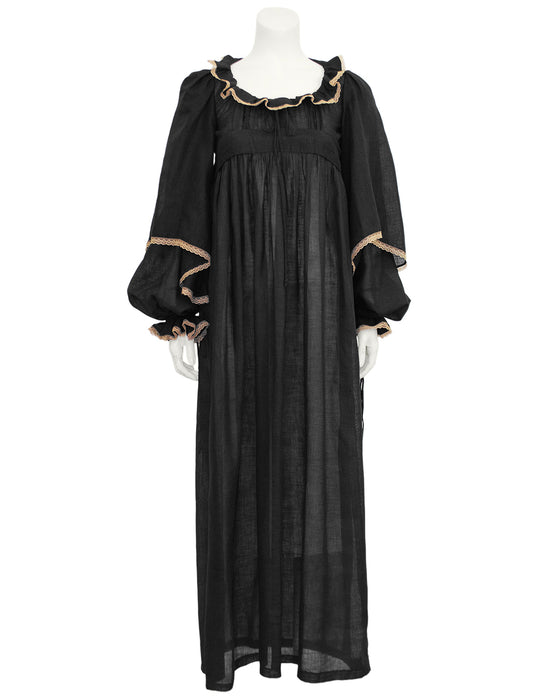 Black Long Cotton Day Dress with Lace Trim