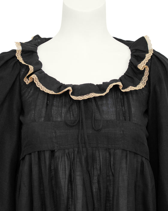 Black Long Cotton Day Dress with Lace Trim