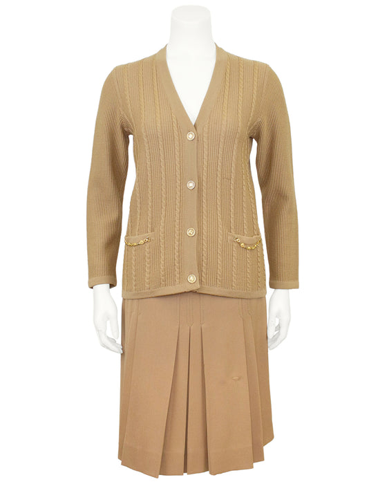 Beige Wool Cardigan and Gabardine Skirt Ensemble