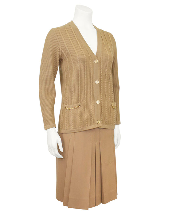 Beige Wool Cardigan and Gabardine Skirt Ensemble