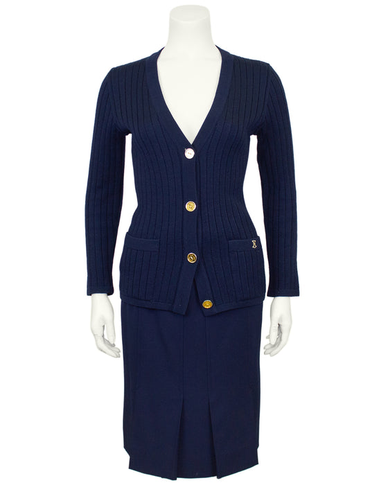 Navy Blue Wool Cardigan and Gabardine Skirt Ensemble