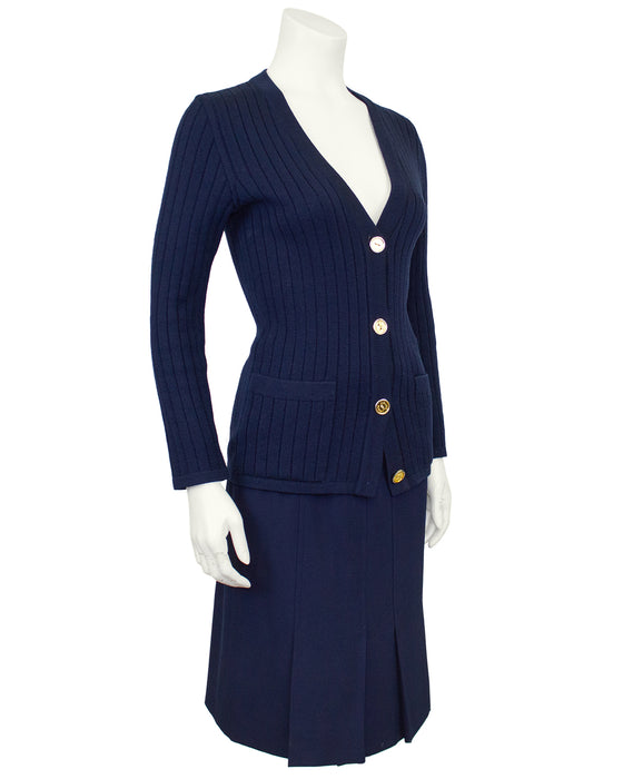 Navy Blue Wool Cardigan and Gabardine Skirt Ensemble