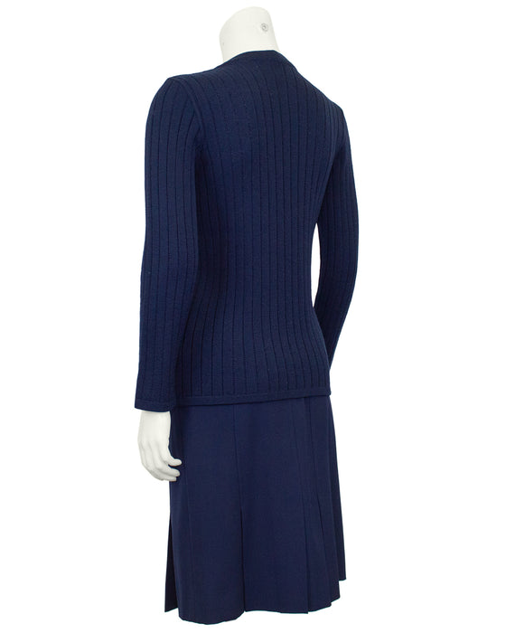 Navy Blue Wool Cardigan and Gabardine Skirt Ensemble