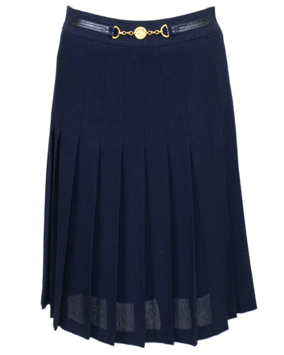 Pleated Navy Blue Wool Gabardine Skirt with Gold Belt