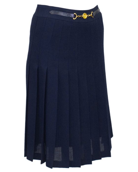 Pleated Navy Blue Wool Gabardine Skirt with Gold Belt