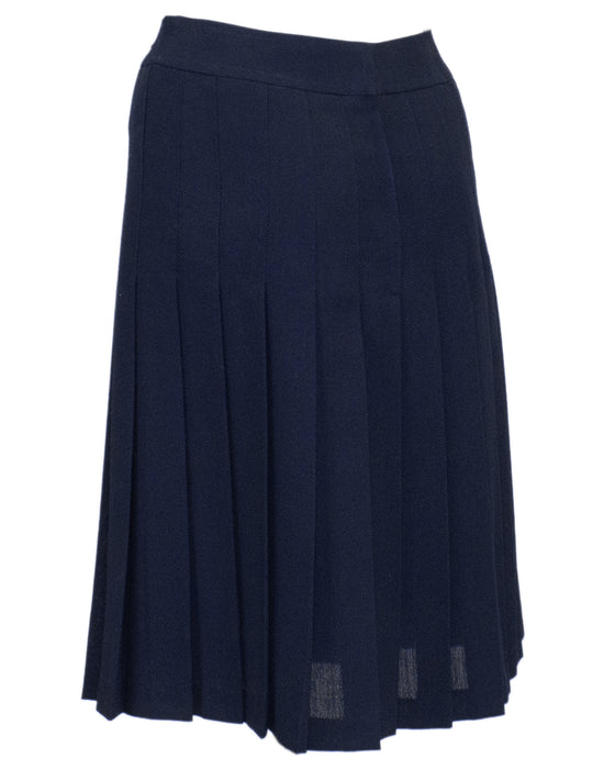 Pleated Navy Blue Wool Gabardine Skirt with Gold Belt