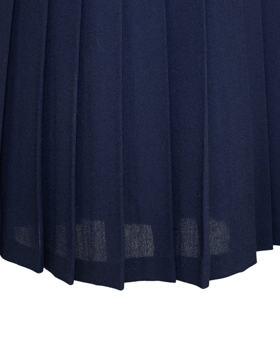 Pleated Navy Blue Wool Gabardine Skirt with Gold Belt