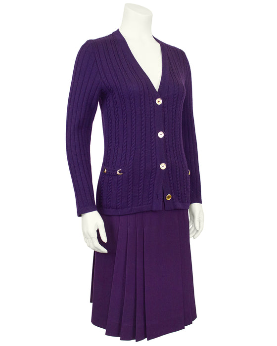 Purple Cardigan and Skirt Ensemble