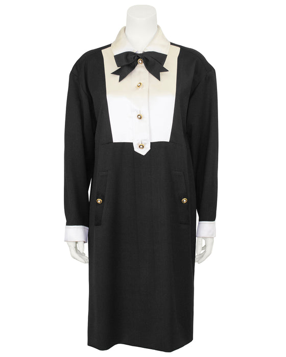 Black Wool and White Silk Tuxedo Dress