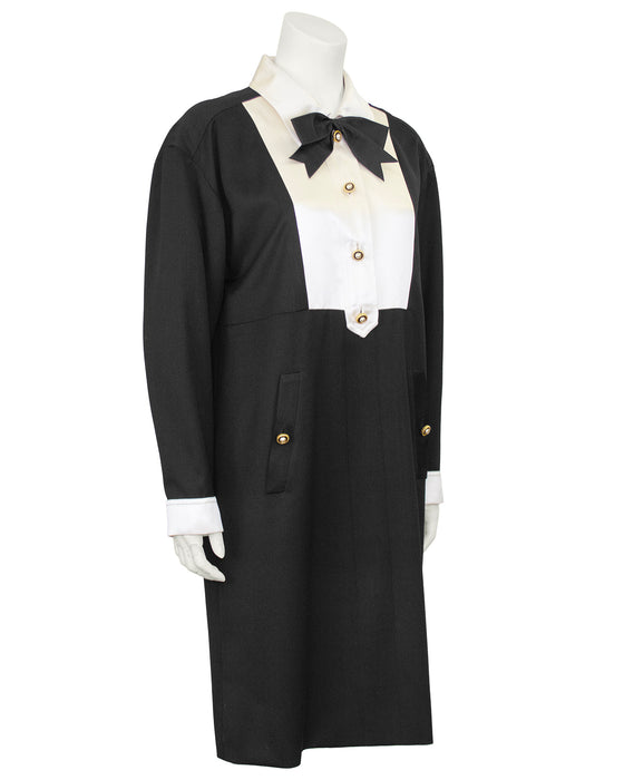 Black Wool and White Silk Tuxedo Dress