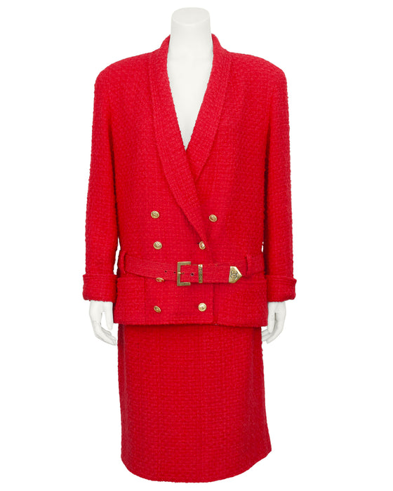 Red Boucle Double Breasted Skirt Suit with Belt