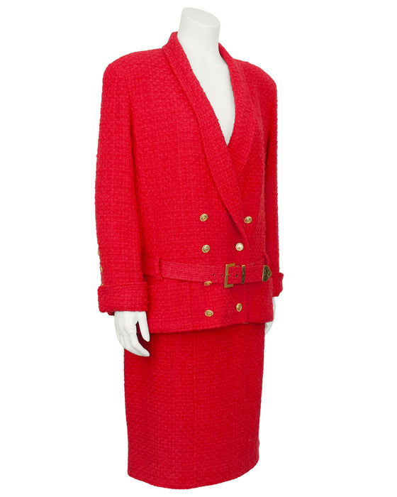 Red Boucle Double Breasted Skirt Suit with Belt