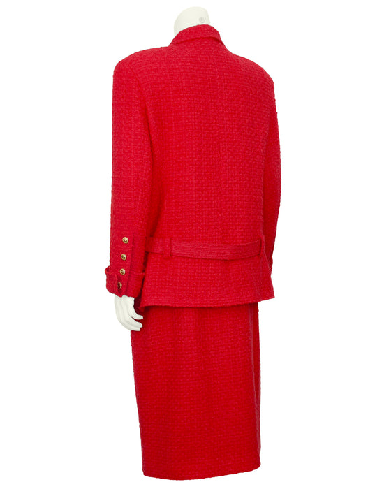 Red Boucle Double Breasted Skirt Suit with Belt