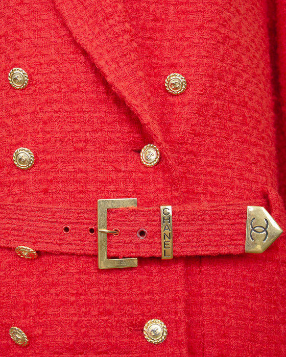 Red Boucle Double Breasted Skirt Suit with Belt