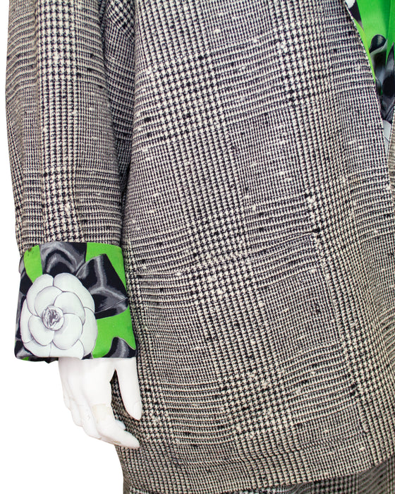 Black, White and Green Spring 1987 RTW Silk Lined Houndstooth Suit