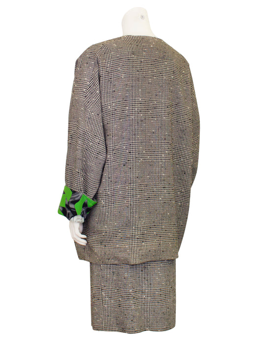 Black, White and Green Spring 1987 RTW Silk Lined Houndstooth Suit