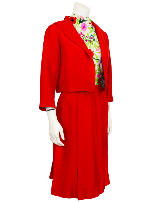 Red and Floral Jacket and Dress Ensemble