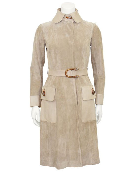 Beige Suede and Leather Trench Coat with Enamel Tiger Head Details