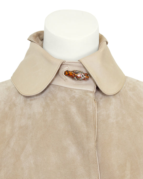 Beige Suede and Leather Trench Coat with Enamel Tiger Head Details