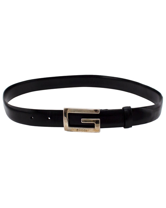 Tom Ford Era Black Leather Belt with Silver Metal G Buckle