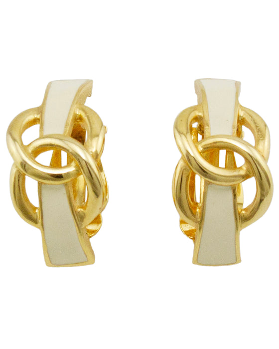 Cream and Gold Enamel Twisted Circle Clip On Earrings