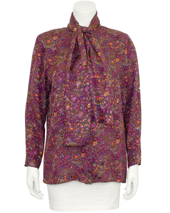 Pink and Purple Paisley Printed Bow Blouse