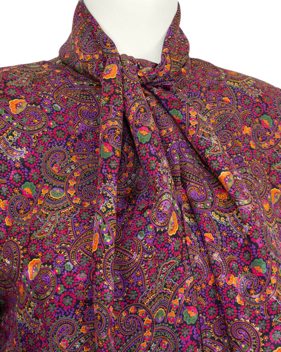 Pink and Purple Paisley Printed Bow Blouse