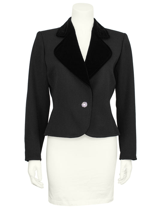 Black Cropped Blazer with Velvet Lapel and Crystal Accents