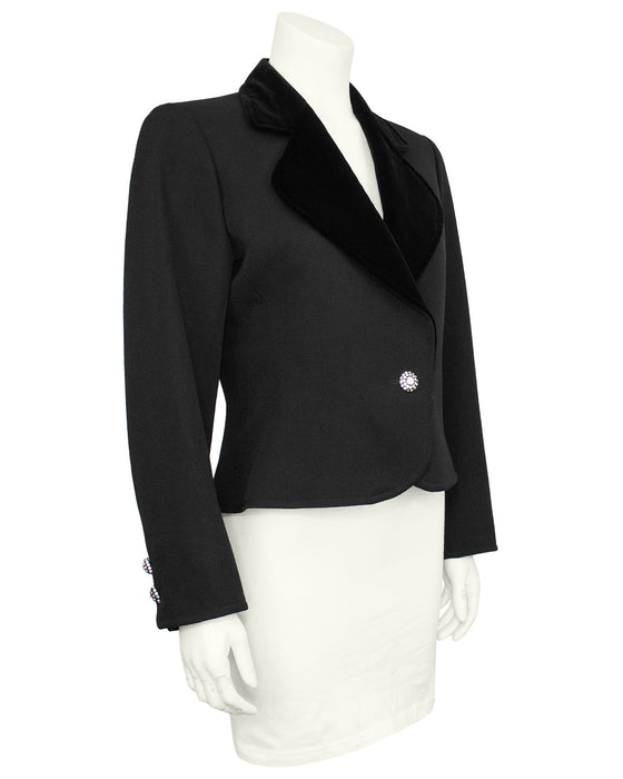 Black Cropped Blazer with Velvet Lapel and Crystal Accents