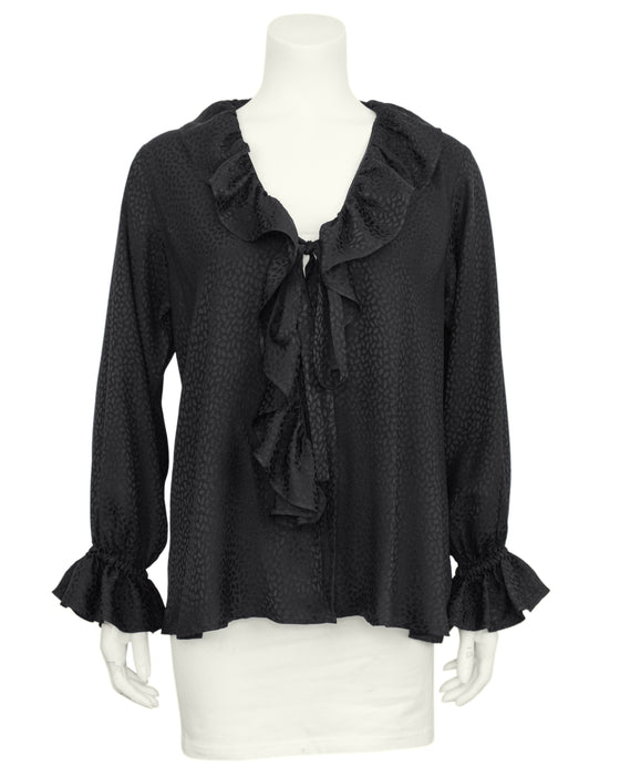 Black Silk Jacquard Ruffle Blouse