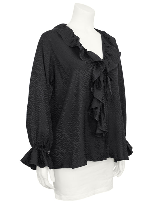 Black Silk Jacquard Ruffle Blouse