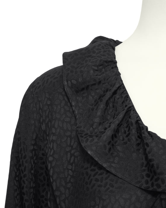 Black Silk Jacquard Ruffle Blouse