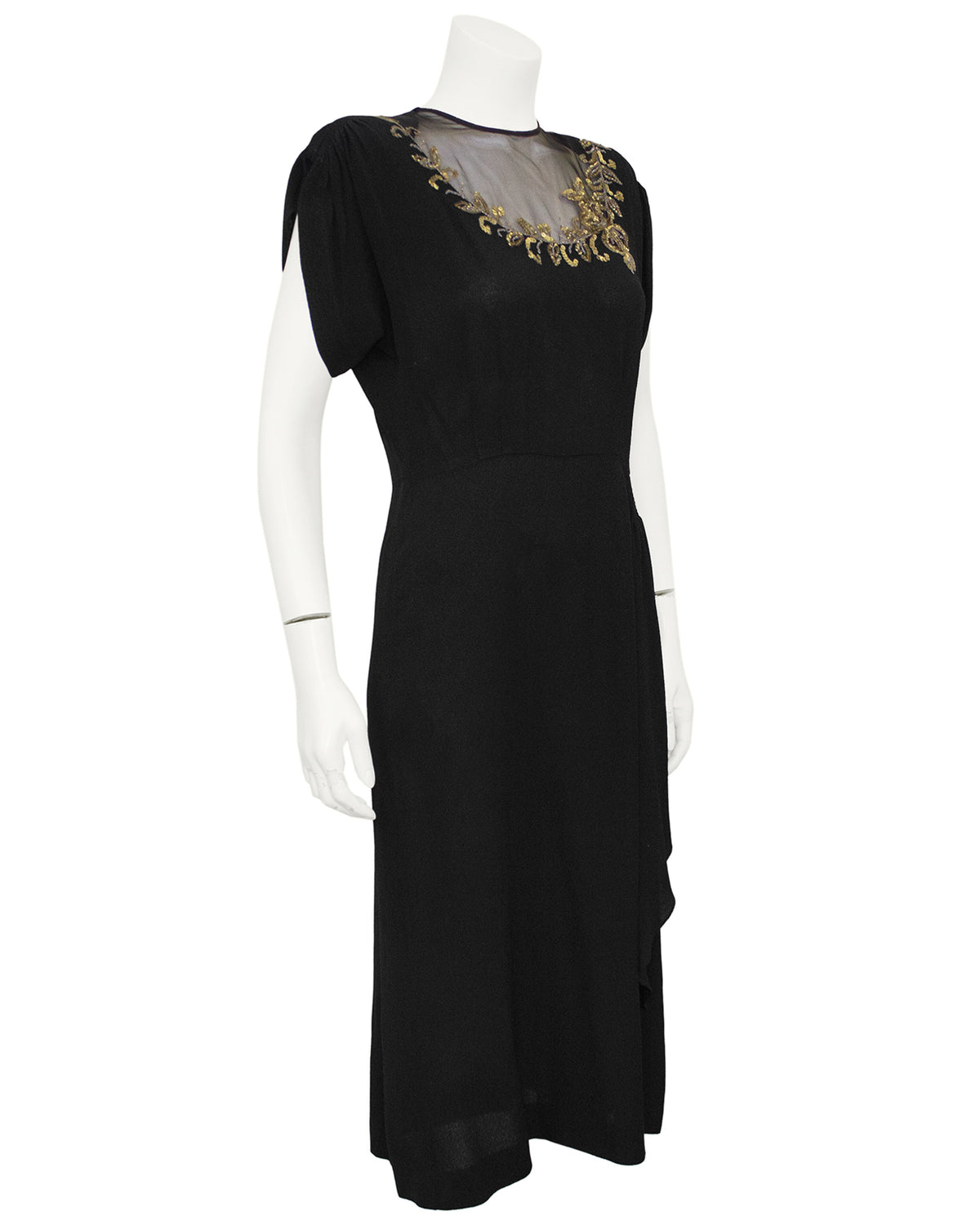 Black Crepe Dress with Sequin and Chiffon Neckline – Vintage Couture