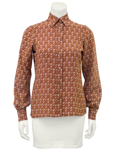 Tan Silk Blouse with Logo Link Pattern – Vintage Couture