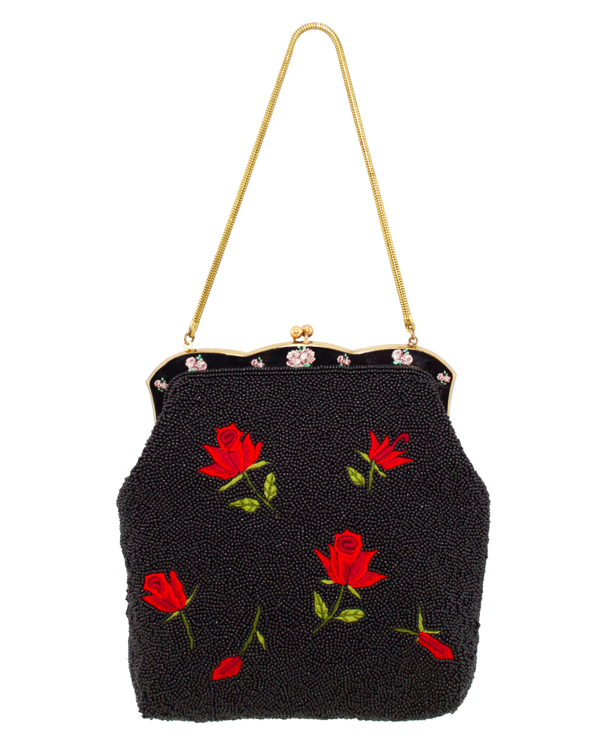 Black Beaded Evening Bag with Red Roses Vintage Couture