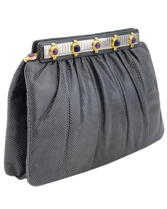 Grey Patterned Leather Clutch with Art Deco Details – Vintage Couture